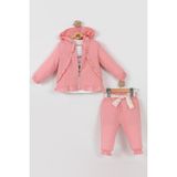 3'lü Fırfırlı Kız Bebek Takımı (Hırka + Üst + Alt) - 9-18 Ay - Pembe