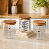 3’lü Heart Desenli Cam Kavanoz Seti 800 ML, Ahşap Kapaklı Şeffaf Erzak Saklama Kabı, Kahve Kurabiye Şeker Baharat Kuruyemiş ve Atıştırmalık Kavanozu