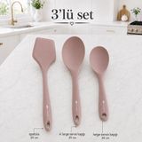 3’lü Isıya Dayanıklı Silikon Mutfak Gereçleri Seti 29 cm Spatula Xl Servis Kaşığı 24 cm Pilav Kaşığı Yapışmaz Yüzey Uyumlu Sariva Home - Pudra