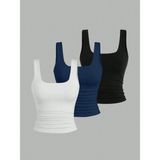 3'lü Kadın Askılı Body Crop Atlet Basic Kare Yaka Esnek Likralı Toparlayıcı Günlük Bluz - Siyah - Beyaz - Lacivert - M