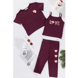 3'lü Love Baskılı Tshirt Atlet Tayt Bordo Takım