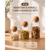3'lü Mantar Kapaklı Cam Kavanoz ve Baharatlık Seti Büyük Kavanoz - Şeffaf - 3 Adet - 1500 ml
