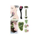 3lü Masaj Seti Dermaroller 0.5mm| Yeşil Yeşim Taşı|gua Sha Cilt Bakım Masaj