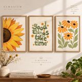 3'lü Minimalist Ayçiçeği ve Motivasyon Yazılı Poster Seti - Retro Yeşil Turuncu Duvar Tablosu, Salon ve Odalar İçin Çerçevesiz Estetik Sanat Baskısı