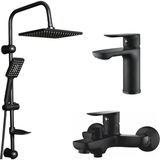 3'lü Modern Banyo Seti, Robot Duş Başlığı, Lavabo ve Banyo Bataryası, Siyah Krom (Siyah Nero Fleko 3 Lü Set)