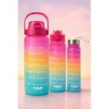 3'lü Motivasyonel Matara Seti (2L - 900ml - 500ml) - Tritan Pipetli Sporcu Su Şişesi BPA FREE (GÖKKUŞAĞI)