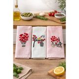 3’lü Nakışlı Waffle Mutfak Havlusu 40x60 cm – Süper Emici & Yumuşak Pembe