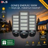3'lü Paket DLS 500W Güneş Enerjili Solar Sokak ve Bahçe Lambası, LiFePO4 Bataryalı, IP66, Hareket Sensörlü, Uzaktan Kumandalı LH99-500