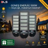 3'lü Paket DLS 500W Güneş Enerjili Solar Sokak ve Bahçe Lambası, LiFePO4 Bataryalı, IP66, Hareket Sensörlü, Uzaktan Kumandalı LH99-500