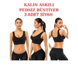 3'lü Paket Göğüs Toparlayıcı Kalın Askılı Pedsiz Sütyen Korse Spor Sütyen Büstiyer Yarım Atlet (SİYAH, S-M)