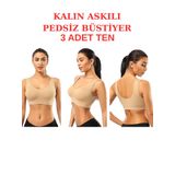 3'lü Paket Göğüs Toparlayıcı Kalın Askılı Pedsiz Sütyen Korse Spor Sütyen Büstiyer Yarım Atlet (TEN RENGİ, S-M)