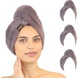 3'lü Paket Mikrofiber Saç Havlusu – 2 Düğmeli Saç Kurutma Bonesi – Baş Havlusu - Gri - 26 x 65 cm