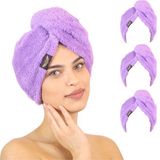 3'lü Paket Mikrofiber Saç Havlusu – 2 Düğmeli Saç Kurutma Bonesi – Baş Havlusu - Lila - 26 x 65 cm