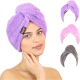 3'lü Paket Mikrofiber Saç Havlusu – 2 Düğmeli Saç Kurutma Bonesi – Baş Havlusu - Lila - Pembe - Gri - 26 x 65 cm