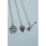 3'lü Pentagram Kuru Kafa Gitar Diablo Kalkan Gümüş Kaplama Kolye Seti