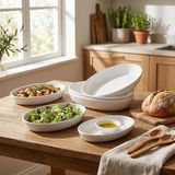 3'lü Porselen Büyük Boy Kayık Tabak Seti - Minimalist Beyaz Sunum Tabağı Çukur Mezelik Kahval