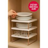 3'Lü Raf Yükseltici Set – Beyaz Tabla Açık Kahverengi Ayak | Mutfak Dolabı Ve Tezgâh Düzenleyici