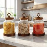 3'lü Ring Serisi Akasya Kapaklı ve Tabanlı Borosilikat Cam Kavanoz Seti - 1100 ml Vakumlu Bakliyat ve Kurabiye Saklama Kabı (20x11.5 cm)
