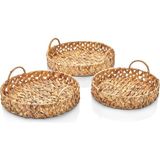 3'lü Rustik El Yapımı ve Doğal Yuvarlak Hasır Kulplu Tepsi Seti, 3'lü Hasır Yuvarlak Kulplu Tepsi Seti, Rattan 3 Boy Tepsi (38 * 6cm-34 * 6cm-30 * 24 * 6cm)