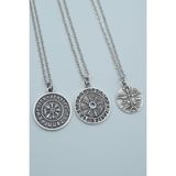 3'lü Şaman Davulu - Kam Davulu Viking Pusula Tılsım Gümüş Kaplama Kolye Seti - Silver - Gümüş - 60 cm
