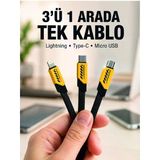 3'Lü Şarj Kablosu Hızlı Şarj Destekli Dayanıklı Örgü Usb Kablo