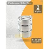 3’lü Sefer Tası 14x7 Cm Yemek Taşıma Kabı Paslanmaz Çelik No:2 Kapasite 2 Kişilik Gri