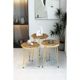 3'lü Sekizgen Zigon Sehpa Seti - Gold Metal Ayaklı, Modern & Şık Yan Sehpa, Dayanıklı Salon Ofis - Atlantik Çam