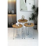 3'lü Sekizgen Zigon Sehpa Seti - Gümüş Metal Ayaklı, Modern & Şık Yan Sehpa, Dayanıklı Salon Ofis - Atlantik Çam