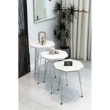 3'lü Sekizgen Zigon Sehpa Seti - Gümüş Metal Ayaklı, Modern & Şık Yan Sehpa, Dayanıklı Salon Ofis - Beyaz