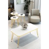 3'lü Sekizgen Zigon Sehpa ve Dikdörtgen Orta Sehpa Takımı Modern Gold Metal Ayaklı Salon Sehpa Seti - Beyaz
