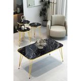 3'lü Sekizgen Zigon Sehpa ve Dikdörtgen Orta Sehpa Takımı Modern Gold Metal Ayaklı Salon Sehpa Seti - Siyah Mermer