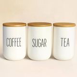 3’lü Seramik Bambu Kapaklı Beyaz Kavanoz Seti 1000 ML – Coffee/Sugar/Tea – Bambu Kapaklı