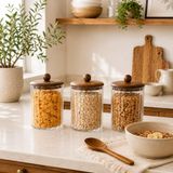3’lü Set 1150 ml Akasya Kapaklı Çizgili Cam Kavanoz Seti Bakliyat Kahve Çay Makarna Saklama Kabı