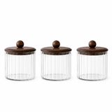 3’lü Set 750 ml Akasya Kapaklı Çizgili Cam Kavanoz Seti Kahve Çay Şeker Kuruyemiş Saklama Kabı