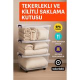 3'lü Set 80 Lt Tekerlekli Kilitli Şeffaf Saklama Kutusu Büyük Boy Plastik Düzenleyeci Saklama Kabı - Beyaz