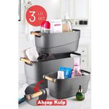 3'lü Set Ahşap Kulplu Çok Amaçlı Banyo,mutfak,çekmece Içi Düzenleyici Retro Sepet Antrasit
