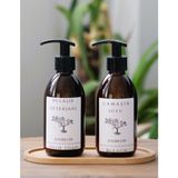 3lü Set Beyaz Etiket Boş Amber Cam Şişe Bulaşık Deterjanlık Çamaşır Suyu 2X250ML Ahşap Altlık