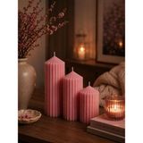 3’lü Set Çizgi Kabartmalı Kubbeli Sütun Dekoratif Mum Seti Boy 20-15-10 Cm/7,2 Çap - Pembe