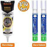 (3'Lü Set) Fayans Arası Beyaz Hazır Derz Dolgusu + 2'Li Derz Boyama Boyası Kalemi Hızlı Kuruyan