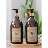3lü Set Gold Vintage Boş Amber Cam Şişe Bulaşık Deterjanlık Sıvı Sabunluk 2X500ML Ahşap Altlık