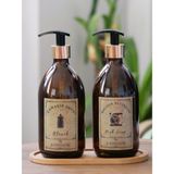 3lü Set Gold Vintage Etiket Boş Amber Cam Şişe Bulaşık Deterjanlık Çamaşır Suyu 2X500ML Ahşap Altlık