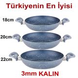 3lü Set Granit Sahan Seti 18-20-22 Yanmaz Yapışmaz Çift Kulp Tava YaşamBoyu Garanti 5 Kat Alüminyum