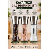 3'lü Set Metal Başlıklı Karabiber Cam Değirmen Öğütücü Seramik 200GR - Şeffaf - 230 ml