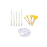 3Lu Set Plastik Spatula Pon Pon Firca Ve Palet Yardimci Set (Akrilik , Guaj Ve Yagli Boya İcin)