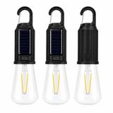3’lü Set Solar Şarjlı LED Kamp Lambası, Type-C Şarj Girişli Sıcak Beyaz Işıklı Askı Kancalı Taşınabilir Ampul, Kamp Çadır Karavan Bahçe ve Elektrik Kesintisi İçin