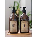 3lü Set Vintage Etiket Boş Amber Cam Şişe Bulaşık Deterjanlık Çamaşır Suyu 2X500ML Ahşap Altlık