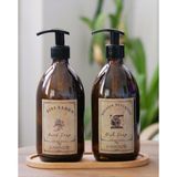 3lü Set Vintage Etiket Boş Amber Cam Şişe Bulaşık Deterjanlık Sıvı Sabunluk 2X500ML Ahşap Altlık