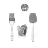 3'Lü Silikon Fırça - Spatula - Fırın Eldiveni ( Elcek - Tutaç) Gri