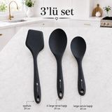 3’lü Silikon Mutfak Gereçleri Seti 29 cm Spatula 29 cm Xl Servis Kaşığı 24 cm Servis Kaşığı Isıya Dayanıklı Sariva Home - Siyah