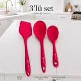 3’lü Silikon Mutfak Yardımcıları Seti 29 cm Spatula Büyük Boy Servis Kaşığı 24 cm Yemek Kaşığı Isıya Dayanıklı Sariva Home - Pembe